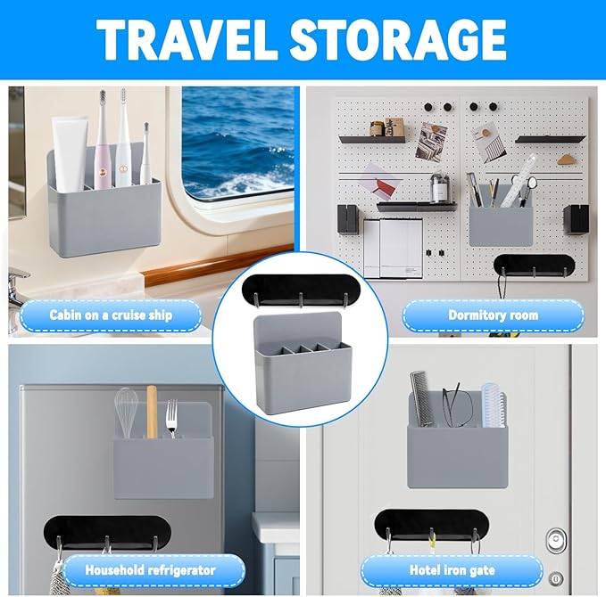 Magnetic Toothbrush Holder with Hook Rack for Cruise Ships, Grey Wall Mounted Detachable Grid Toothbrush Organizer with Magnetic Hooks, Cruise Bathroom Essentials Travel Accessories