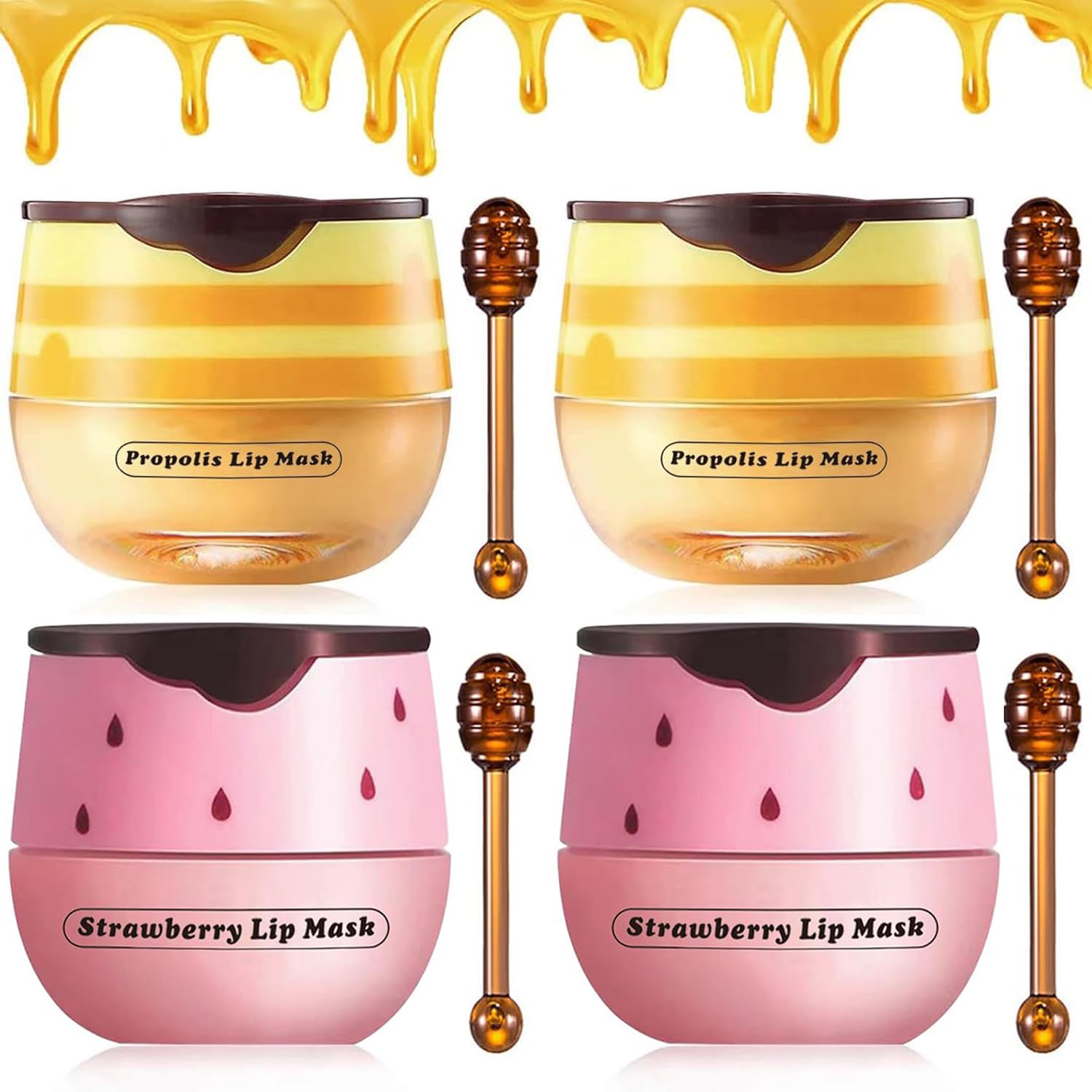 4PCS Strawberry & Bee Lip Balm Honey Pot, Vitamin E & Moisturizing Propolis Sleeping Lip Mask, Effective Reduces Lip Lines Prevention Dry and Cracked Scrubs Exfoliator Smoothing Dry Lip Care