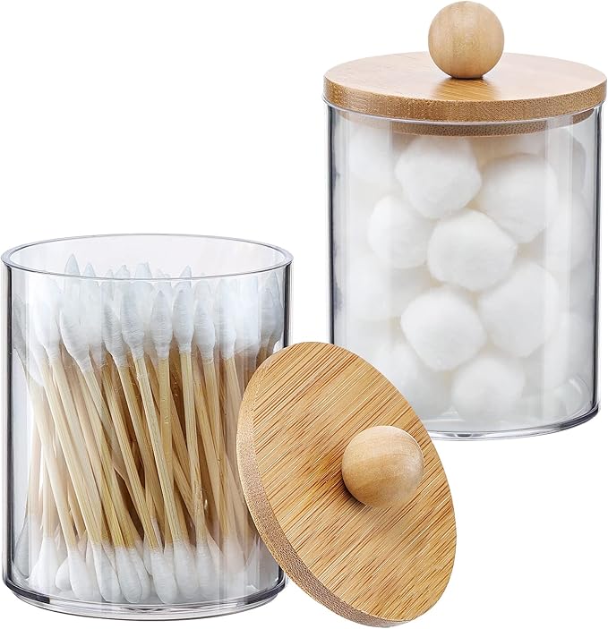 2 Pack Qtip Holder Dispenser with Bamboo Lids - 10 oz Clear Plastic Apothecary Jar Containers for Vanity Makeup Organizer Storage - Bathroom Accessories Set for Cotton Swab, Ball, Pads, Floss