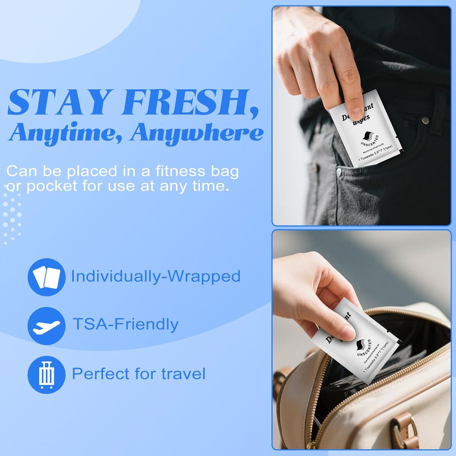 Travel Deodorant Wipes Individually Wrapped,Body Wipes to Clean Skin for Women Men（Unscented,pack of 200)