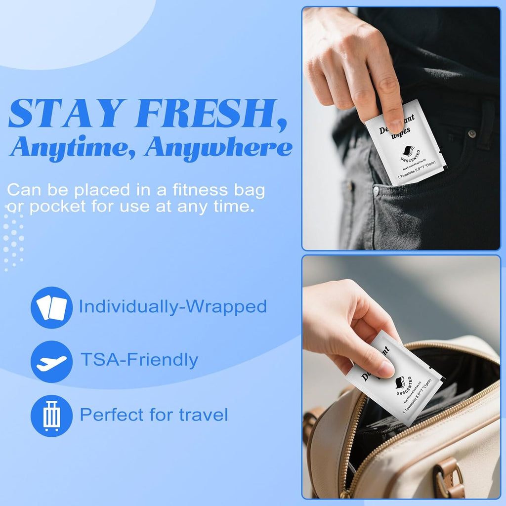 Travel Deodorant Wipes Individually Wrapped,Body Wipes to Clean Skin for Women Men（Unscented,pack of 100)