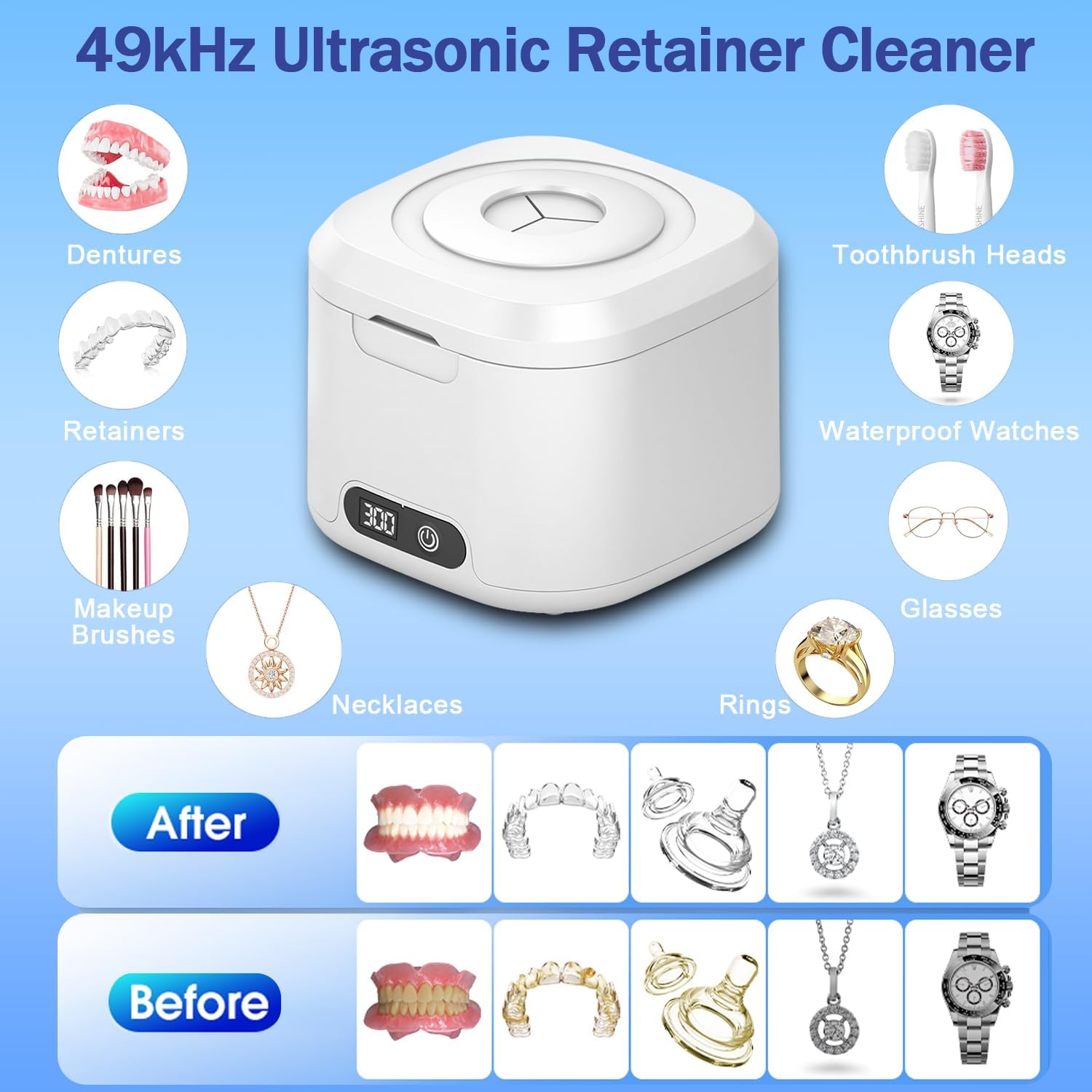 Ultrasonic Retainer Cleaner with UV, 300ML, 49kHz, Dental Cleaning Pod for Dentures, Aligners, Night Guards, Braces, Toothbrush Heads, Jewelry, Mouth Guard, 4 Modes with Digital Timer