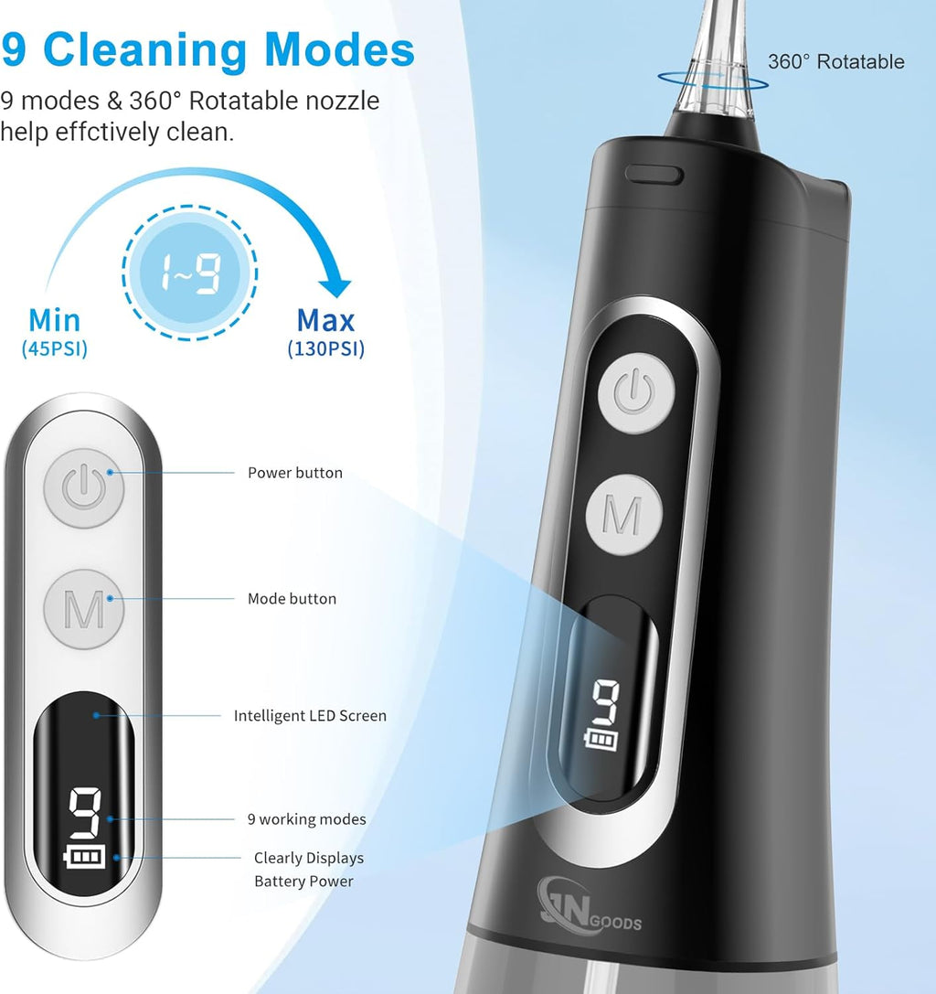 Water Dental Flosser Oral irrigator,JNGOODS 300ml Rechargeable Water flosser for Teeth IPX7 Waterproof 9 Modes Portable Oral Irrigator. LED Display with 4 Jet Tips, Travel Home use (Black)
