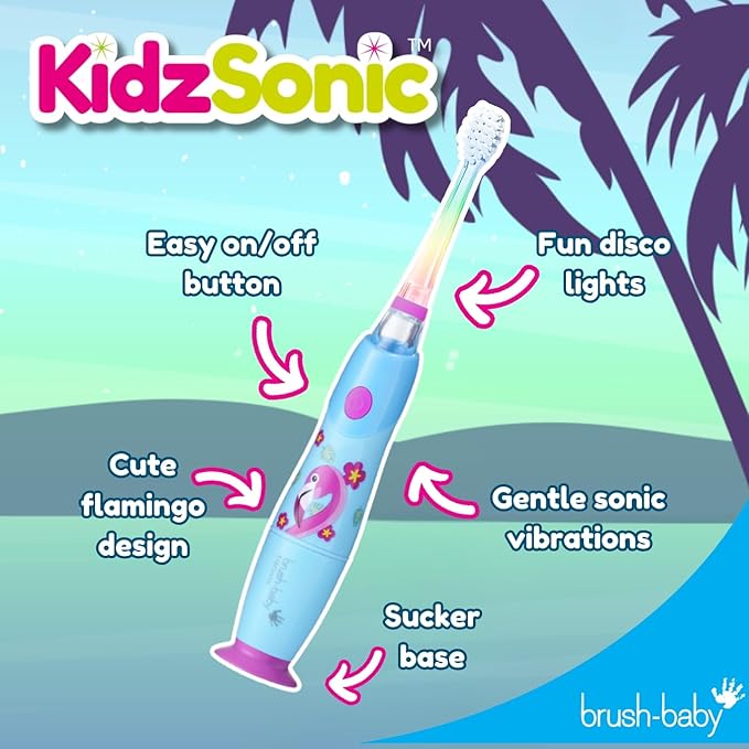 brush-baby - KidzSonic Flamingo Kids Electric Toothbrush for Ages 3+ with Disco LED Lights, Gentle Sonic Vibrations, 2-Minute Smart Timer & 30‑Second Pulse Reminders – AAA Battery Included