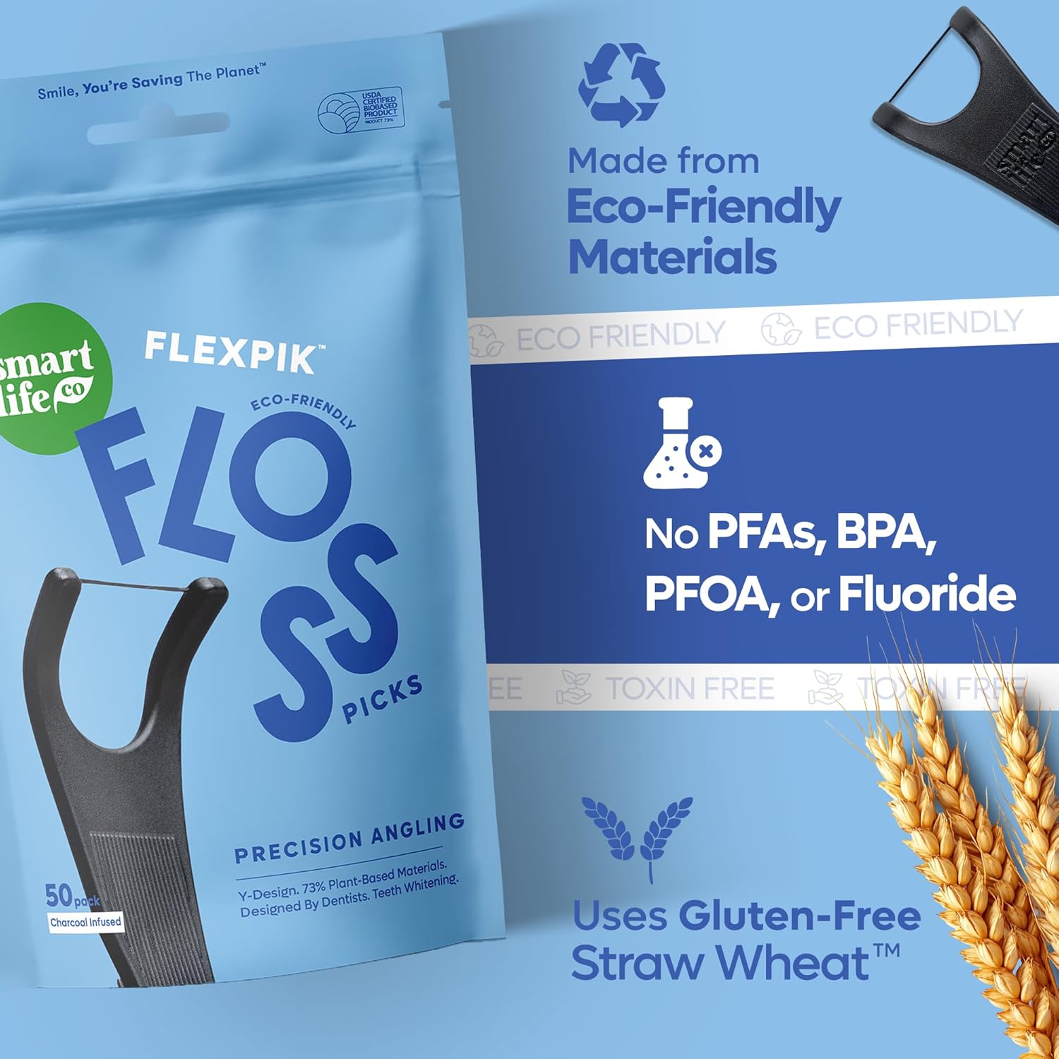 SmartLifeco Eco-Friendly Angled Dental Floss Picks (200ct) - Flossers Made With Straw Wheat Blend, Natural Whitening, Tooth Pick Stick For Adults, Vegan, Bamboo Charcoal Thread For Back Teeth & Molars