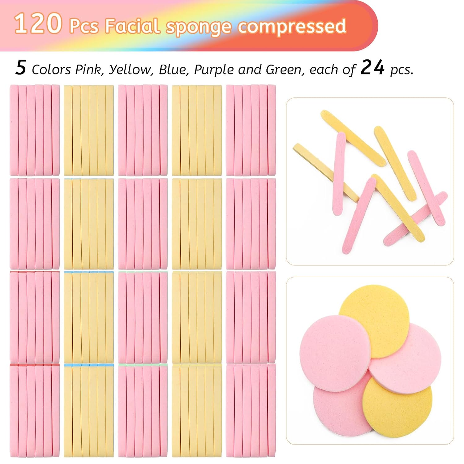 120 Pcs Facial Sponge Compressed, Luxiv Face Cleansing Sponge Estheticians Compressed Makeup Facial Sponge Round Wash Face Sponges for Women Compress Exfoliating Removal Sponge (Pink+Yellow)
