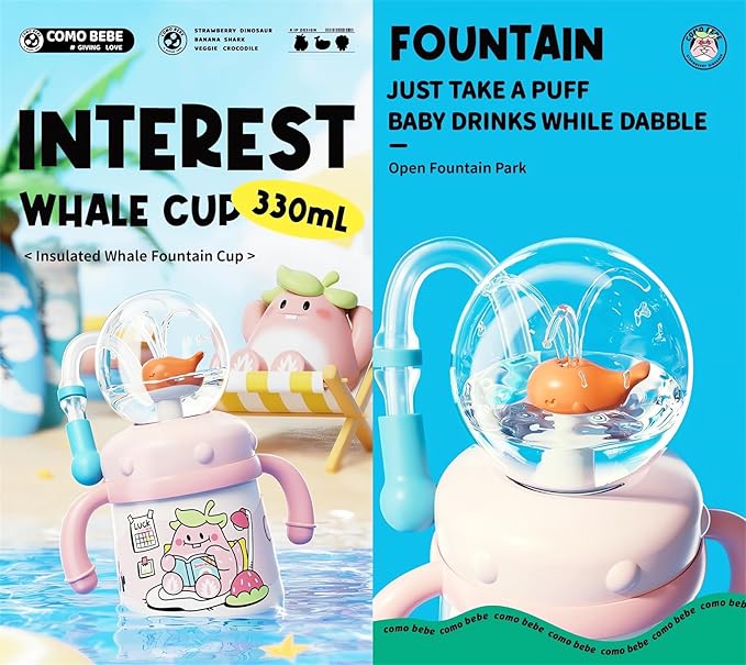 Stainless Steel Whale Fountain Tumbler with Handle 2025 Drinking Cup with Whale Squirt Insulated Travel Tumblers Kids Weighted Sippy Cup No Spill Cute Water Bottle with Lids and Straws Leak Proof (B2)