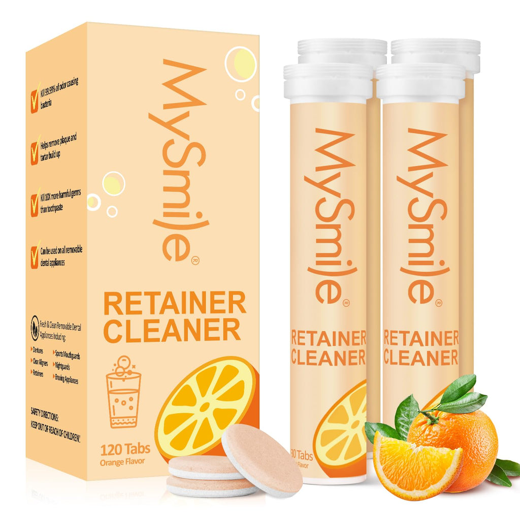 MySmile Retainer Cleaner with 120 Denture Cleaning Tablets, Quickly Remove Odors, Discoloration Stains & Plaque from Aligner, Mouth Guard, Night Guard and More Dental Appliances (Orange Flavor)