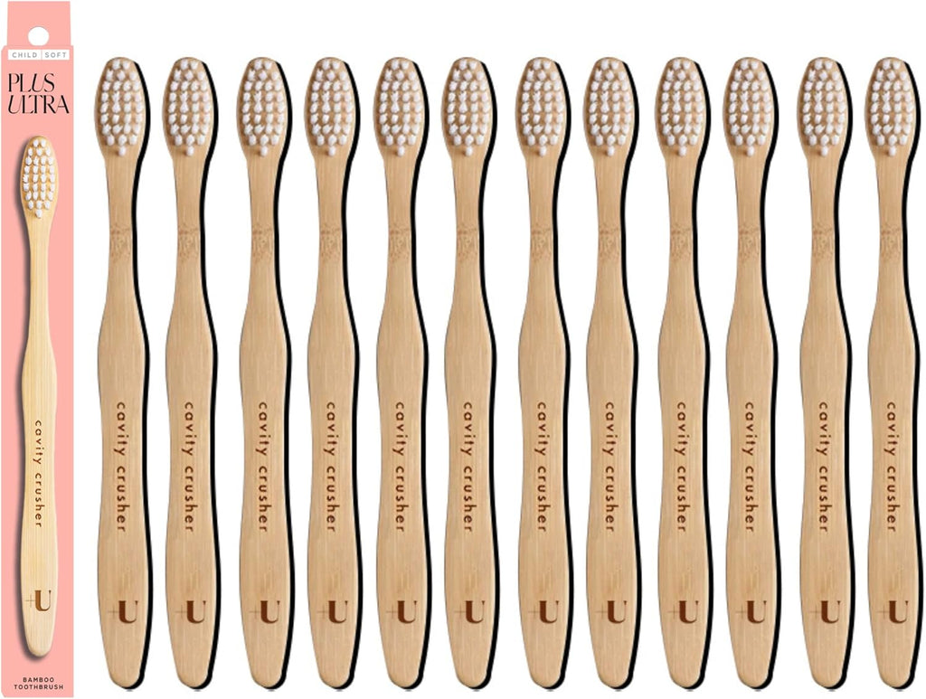 Kids Biodegradable and Eco-Friendly Bamboo Toothbrush 12-Pack - BPA Free Soft Bristle - Dentist-Approved and All-Natural with "Cavity Crusher" Etched on Handles by Plus Ultra