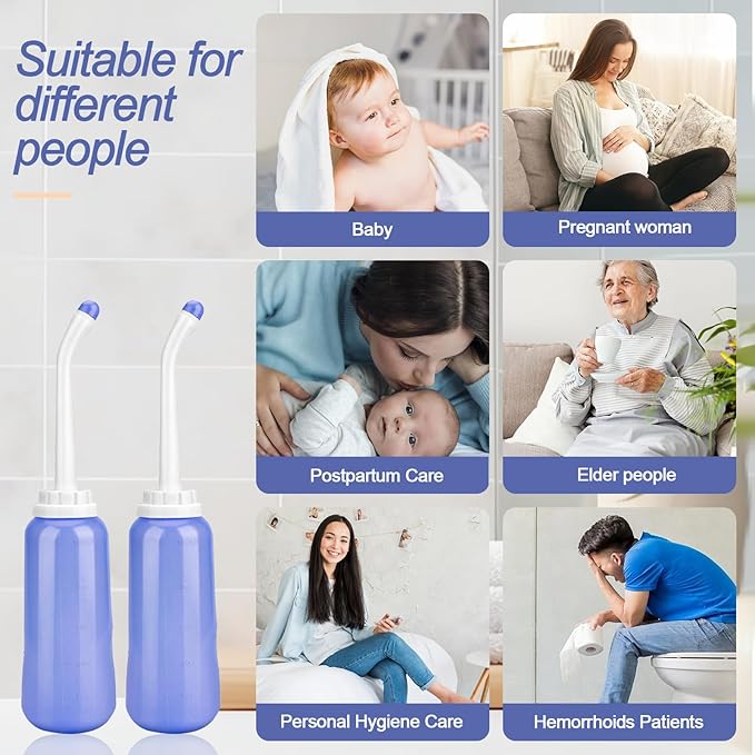 2 Pack Portable Bidet Sprayer Peri Bottle, Number-one Travel Bidet Bottle 500ml 17oz Personal Hygiene Care Toilet Bidet Shower with 2 Nozzles, Dust Cap and Storage Bag for PostPartum Care and Recovery