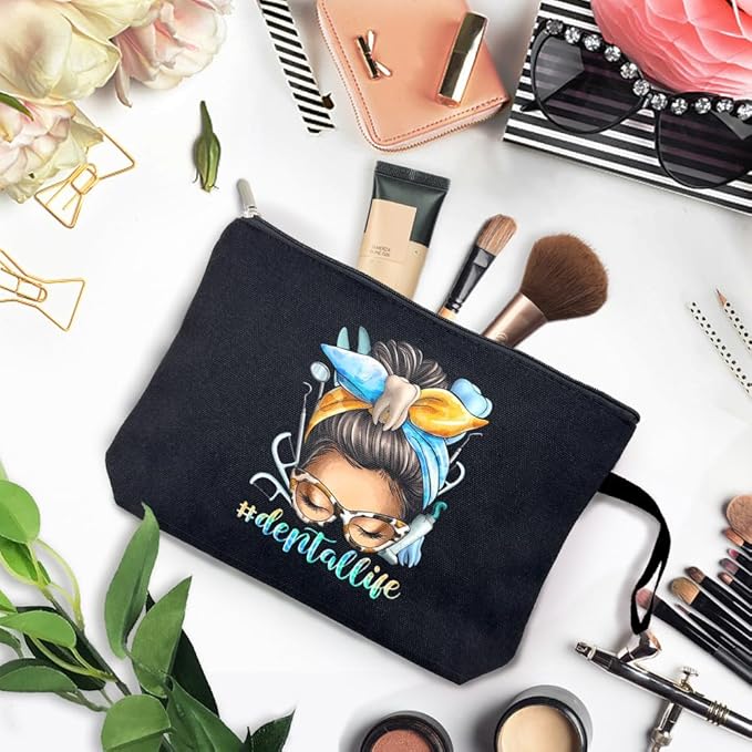 ZHANTUONE Dental Life Black Fun Cosmetic Bag, The Birthday Gift for Dentists, Dental Hygienist Gifts, For Women Dental Hygienist Makeup Bag, Dental Assistant Gifts, Dentist Survival Kit