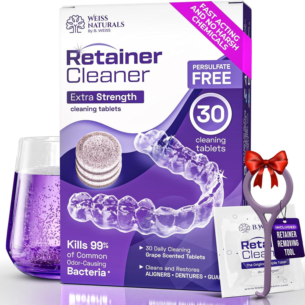 Weiss Naturals Retainer Cleaner Tablets, Invisalign Cleaner, Remove Stains, Odors & Plaque, PERSULFATE FREE Night Guard & Denture Cleaner 1-Month Supply, 30 Grape Scented Tablets