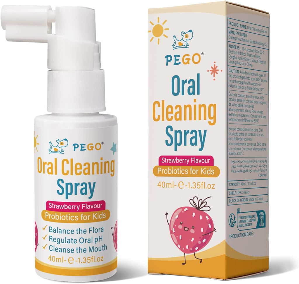PEGO Kids Oral Spray, Toddler Toothpaste Helper for Daily Oral Care and Fresh Breath, Kid's Mouth Spray with Fluoride Free for Newborn to Preschoolers (40ml*1, Strawberry)