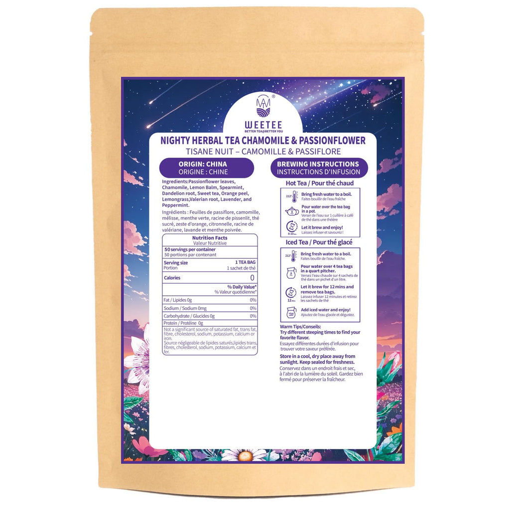 WT WEETEE Chamomile & Passionflower Nighty Herbal Tea Bags 50 Counts, Includes Spearmint, Valerian Root, Lavender, Peppermint & More, Natural Caffeine-free