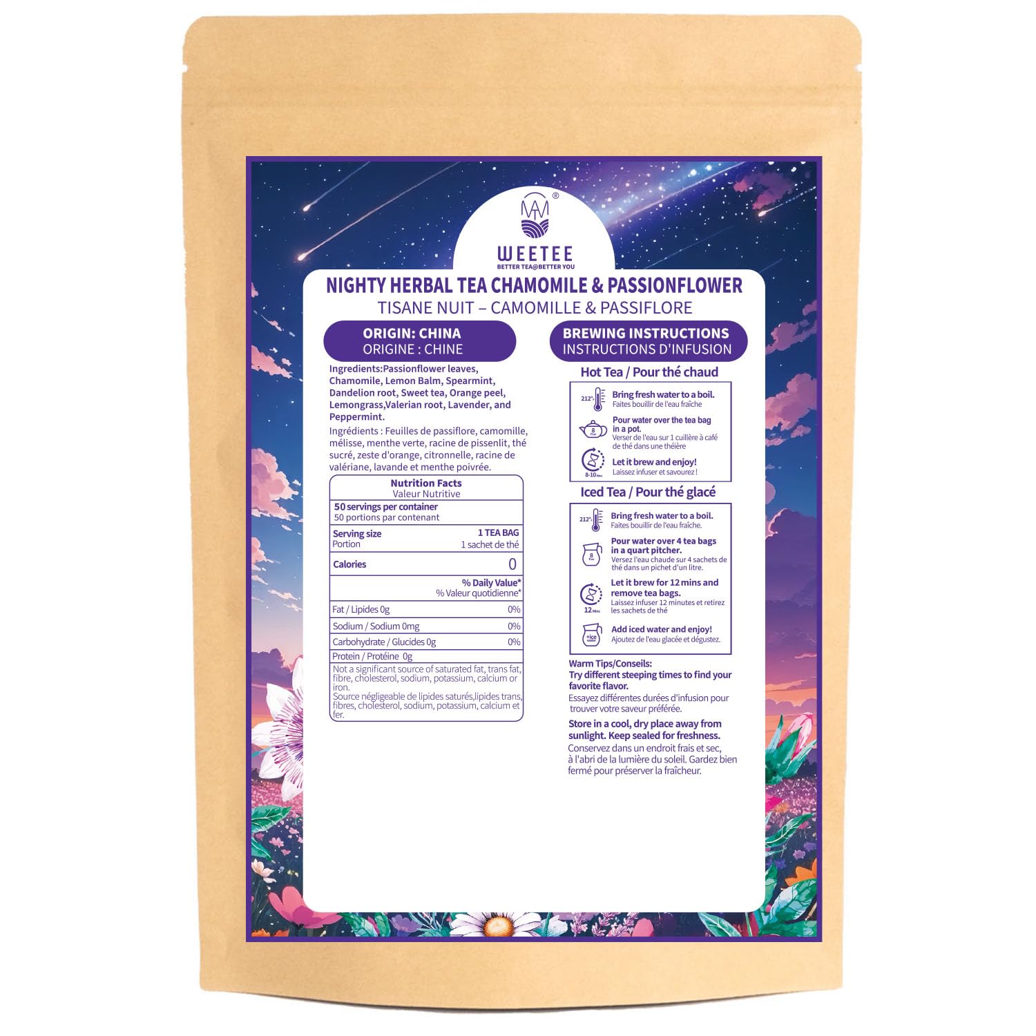 WT WEETEE Chamomile & Passionflower Nighty Herbal Tea Bags 50 Counts, Includes Spearmint, Valerian Root, Lavender, Peppermint & More, Natural Caffeine-free