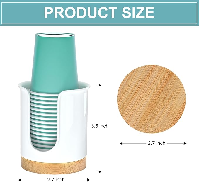 2 Pack Bathroom Cup Dispenser - Small Cup Holder and Mouthwash Cups Holder for 3 Oz Countertop - Convenient Paper Cup Dispenser - Bamboo Wood Base Bathroom Cup Holder（White）