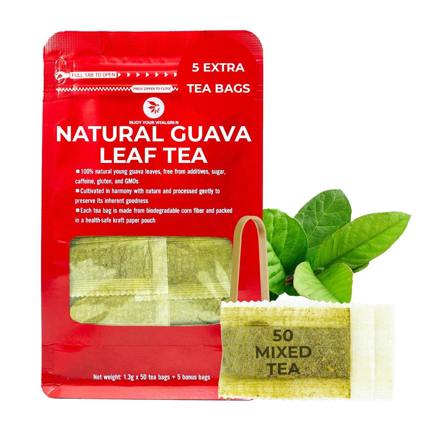 Guava Leaf Tea Bags - 55 Count (+5 Tea Bags) - 4.06 oz with Bamboo Tong, Handpicked & No Sugar Added, No Caffeine, Re-Steep Herbal Tea, Relax Refreshing Hojas De Guayabav
