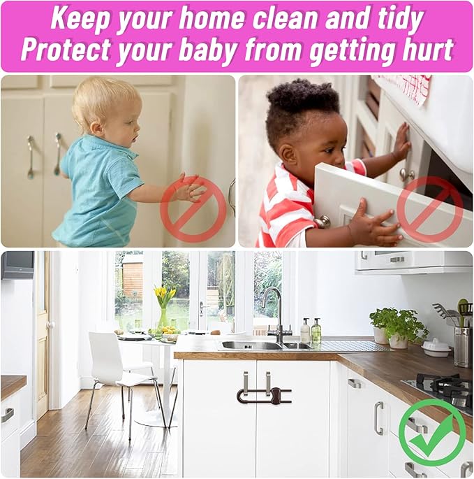 12 Packs Baby Proofing Sliding Cabinet Locks modacraft U-Shaped Child Safety Latches Adjustable White Locks for Handles Knobs Drawers Closet Cupboard - Brown