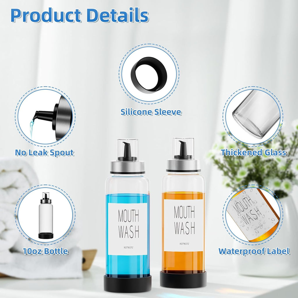 VITVITI 10OZ Mouthwash Dispenser for Bathroom, Glass Mouth Wash Container with Cup Lid, Clear Refillable Mouthwash Bottle Decanter with Silicone Pad/Labels, Set of 2