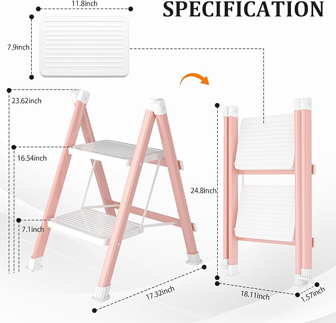 2 Step Ladder, Folding Step Stool with Anti-Slip Wide Pedal, Anti-Slip Feet, Sturdiest Steel Construction, Steel Ladder for Home and Office, Pink White