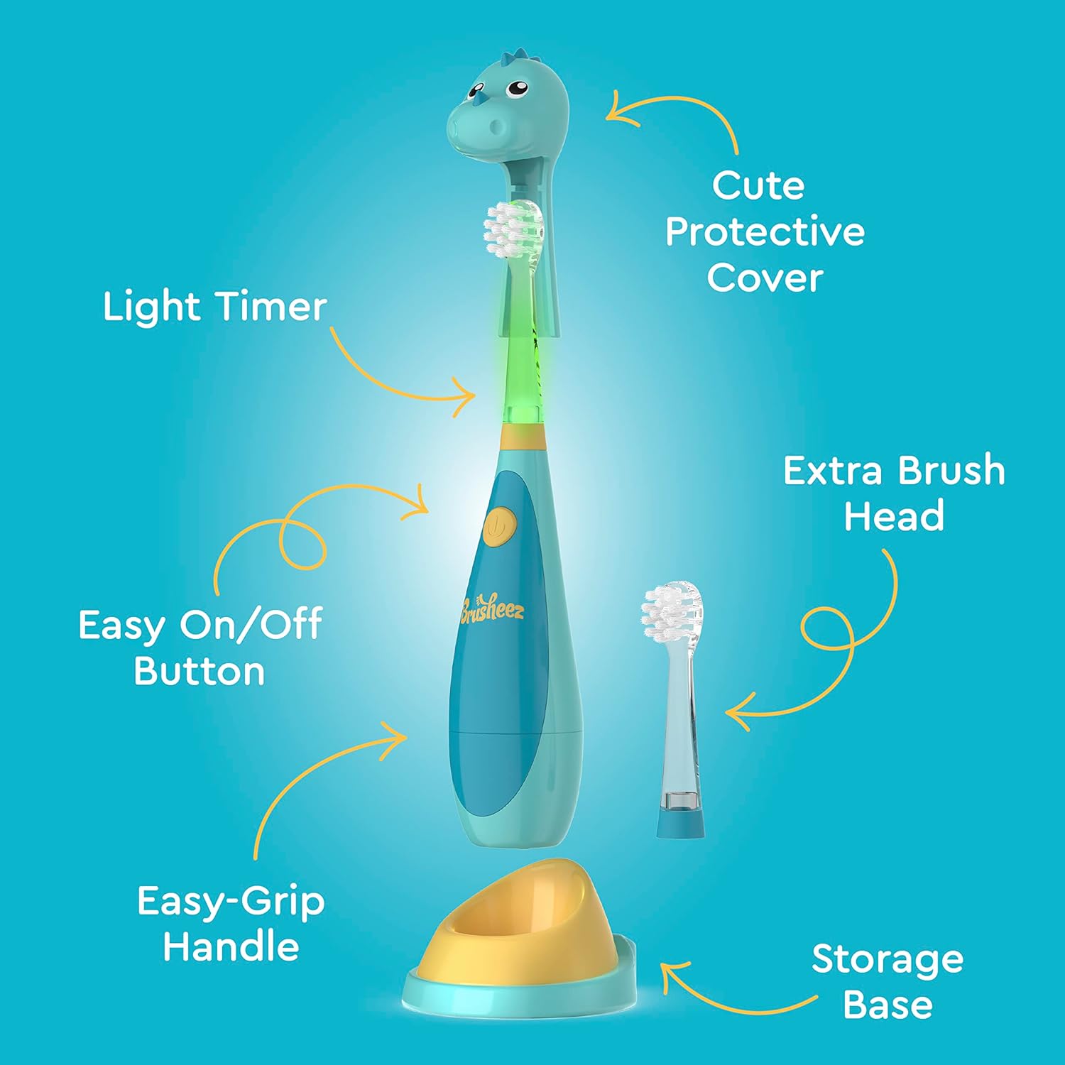 Brusheez Little Toddlers’ Sonic Toothbrush - Safe & Gentle Toothbrush for Ages 1-3 with Built-in, Light-Up 2-Minute Timer, Extra Brush Head, & Storage Base for First-Time Brushers (Rex The Dinosaur)