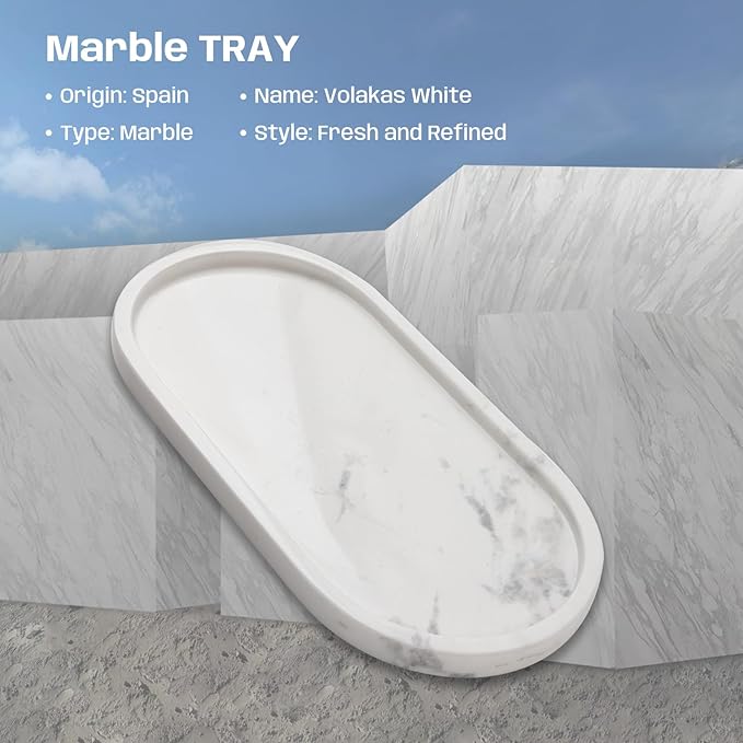2 Pcs Marble Tray for Decor, Marble Vanity Tray for Perfume, Cosmetics, Jewelry, Stone Decorative Trays for Dresser Organizer, Storage Trays for Home Bathroom Countertop, 12 x 6 Inch