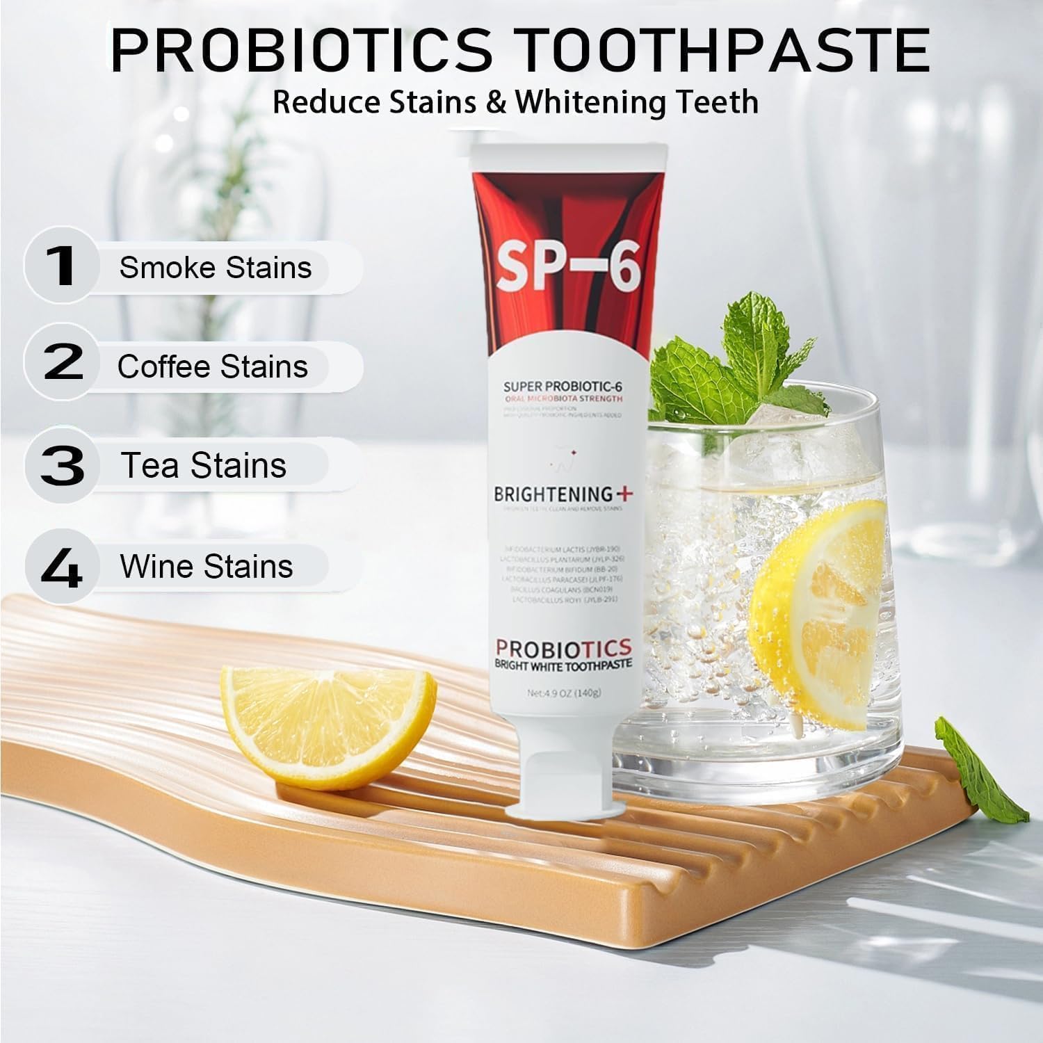 SP-6 Probiotic Whitening Toothpaste, Enhanced Formula with 6 Probiotics for Teeth Whitening and Gum Health, Enamel-Safe, Fluoride-Free, Fresh Mint Flavor, 4.6oz (2)