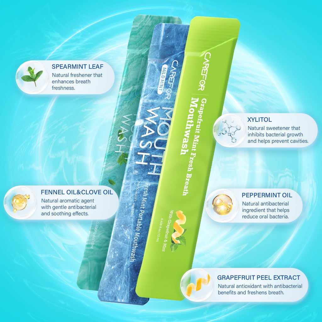 Travel Size Mouthwash Packets – Individual Mini, Alcohol & Fluoride Free, 3 Refreshing Flavors (Fresh Mint, ICY Mint, Grapefruit Mint) Fresh Oral Hygiene (20)