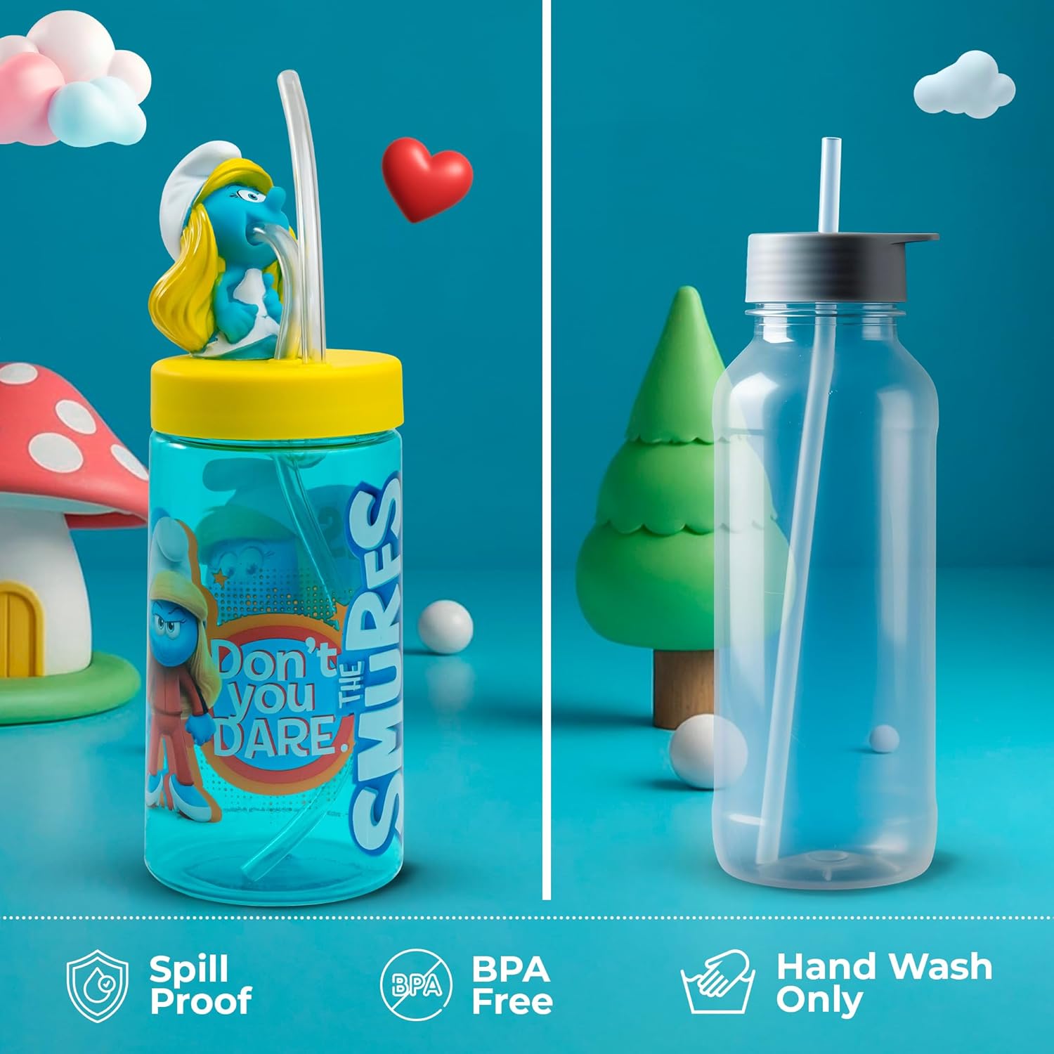 Smurfette Cup, Water Bottle, Tumbler with Lid and Straw, Travel Sippy Cup for Water or Milk, Cups with Lids BPA Free Plastic, 12 oz