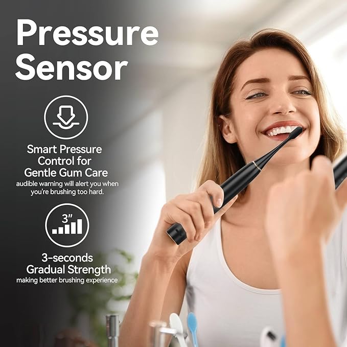 SEAGO Electric Toothbrush for Adults with Pressure Sensor, Sonic Toothbrushes Holder Wall Mounted, 30 Days Battery Life, 5 Cleaning Modes, 8 Replacement Heads, Timer & IPX7 Waterproof (Black, Middle)