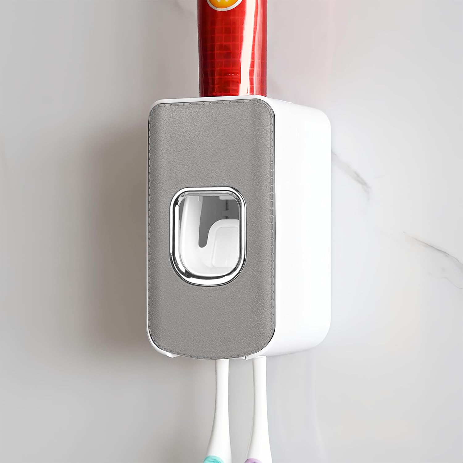 2 Slot Plastic Toothbrush Holder and Toothpaste Dispenser Wall Mounted, Automatic Toothpaste Squeezer, 2 in 1 Tooth Brush Toothpaste Organizer for Shower (Grey)