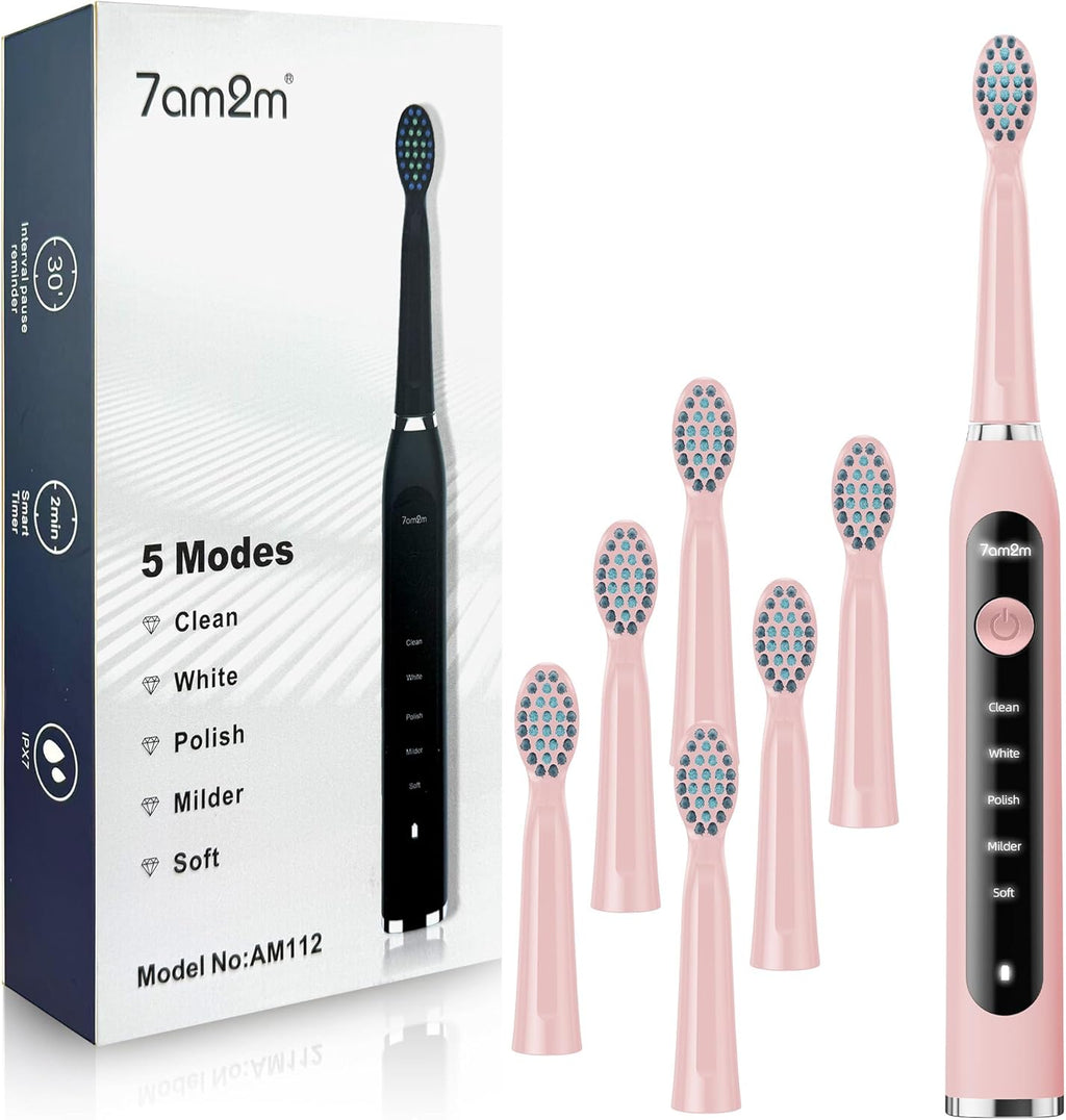 7AM2M Sonic Electric Toothbrush for Adults High Power Rechargeable Toothbrushes with 6 Brush Heads,5 Adjustable Modes, Built-in 2-Minute Smart Timer,3 Hours Fast Charge for 45Days Pink