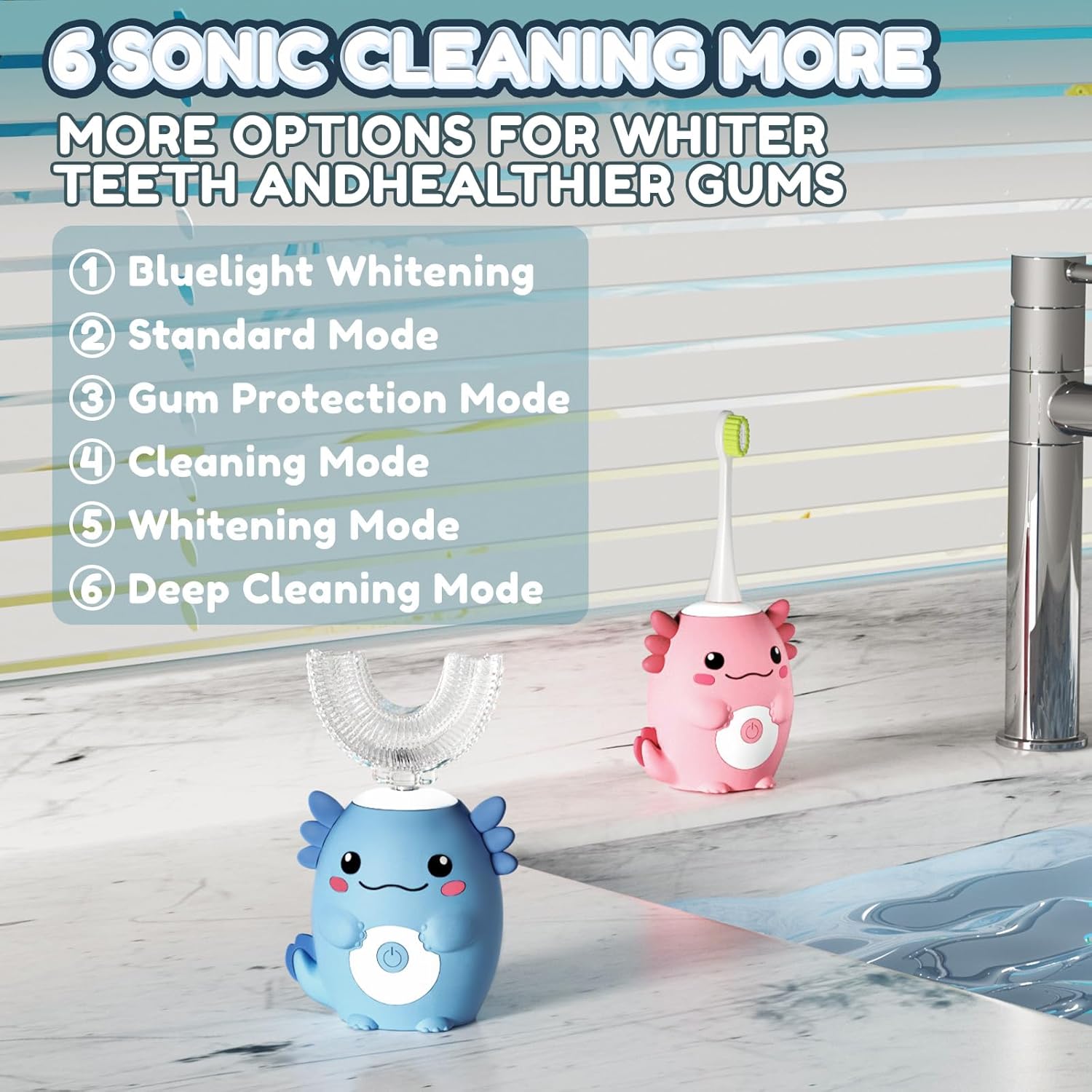 Kids Electric U Shaped Toothbrush - Axolotl Kids Rechargeable Sonic Toothbrush with 6 Brush Heads Full Mouth 6 Cleaning Modes - Age2-15 Blue