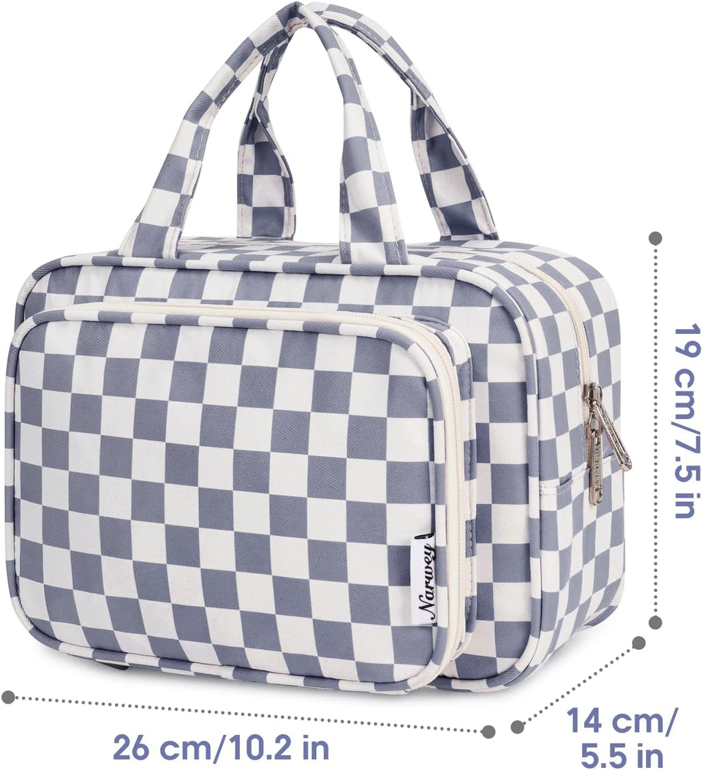 Narwey Large Travel Toiletry Bag for Traveling Women, Cosmetic Makeup Bag Make Up Organizer, Checkered Travel Bag for Toiletries with Handle (Grayish Blue Checkerboard)