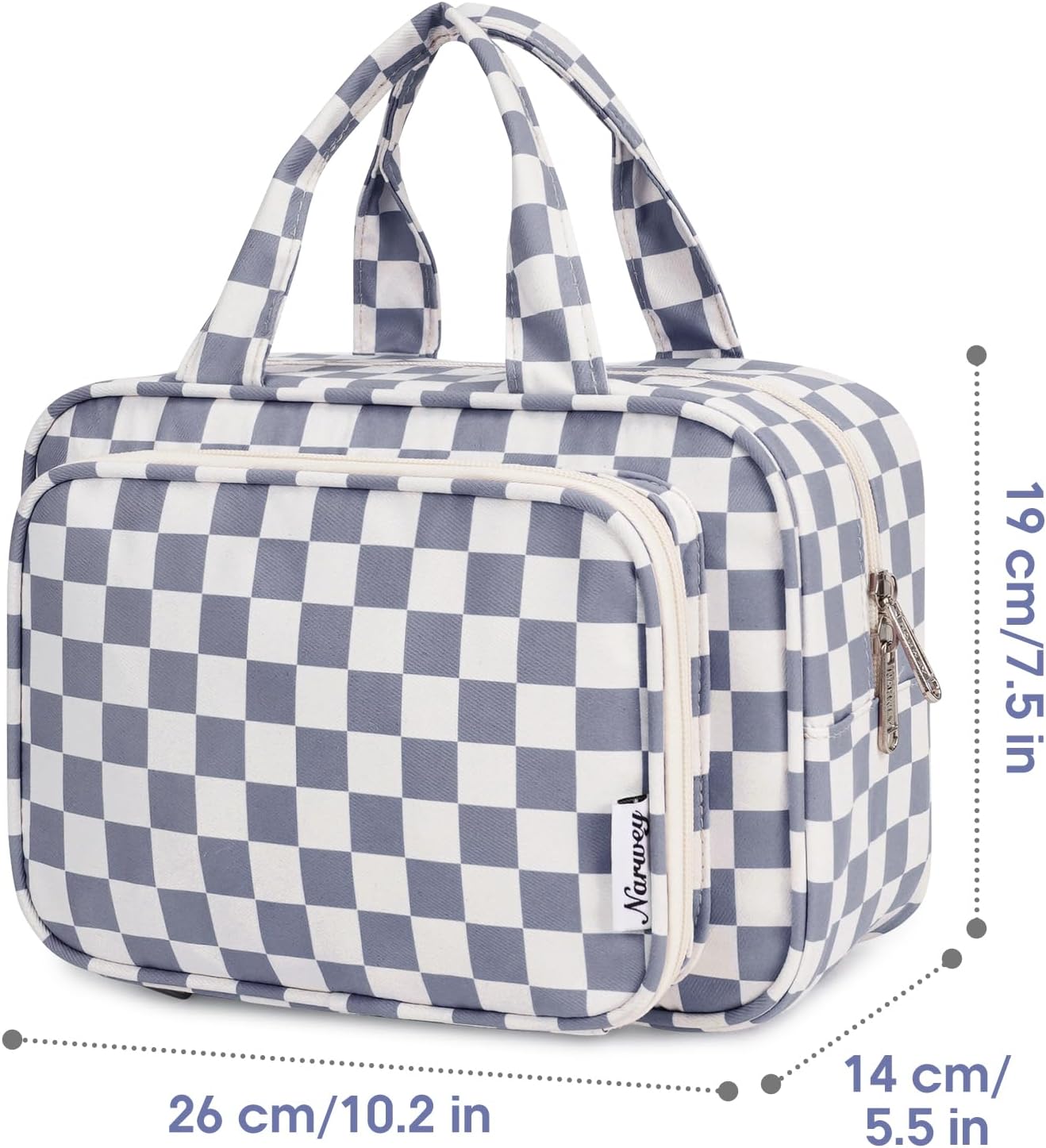 Narwey Large Travel Toiletry Bag for Traveling Women, Cosmetic Makeup Bag Make Up Organizer, Checkered Travel Bag for Toiletries with Handle (Grayish Blue Checkerboard)