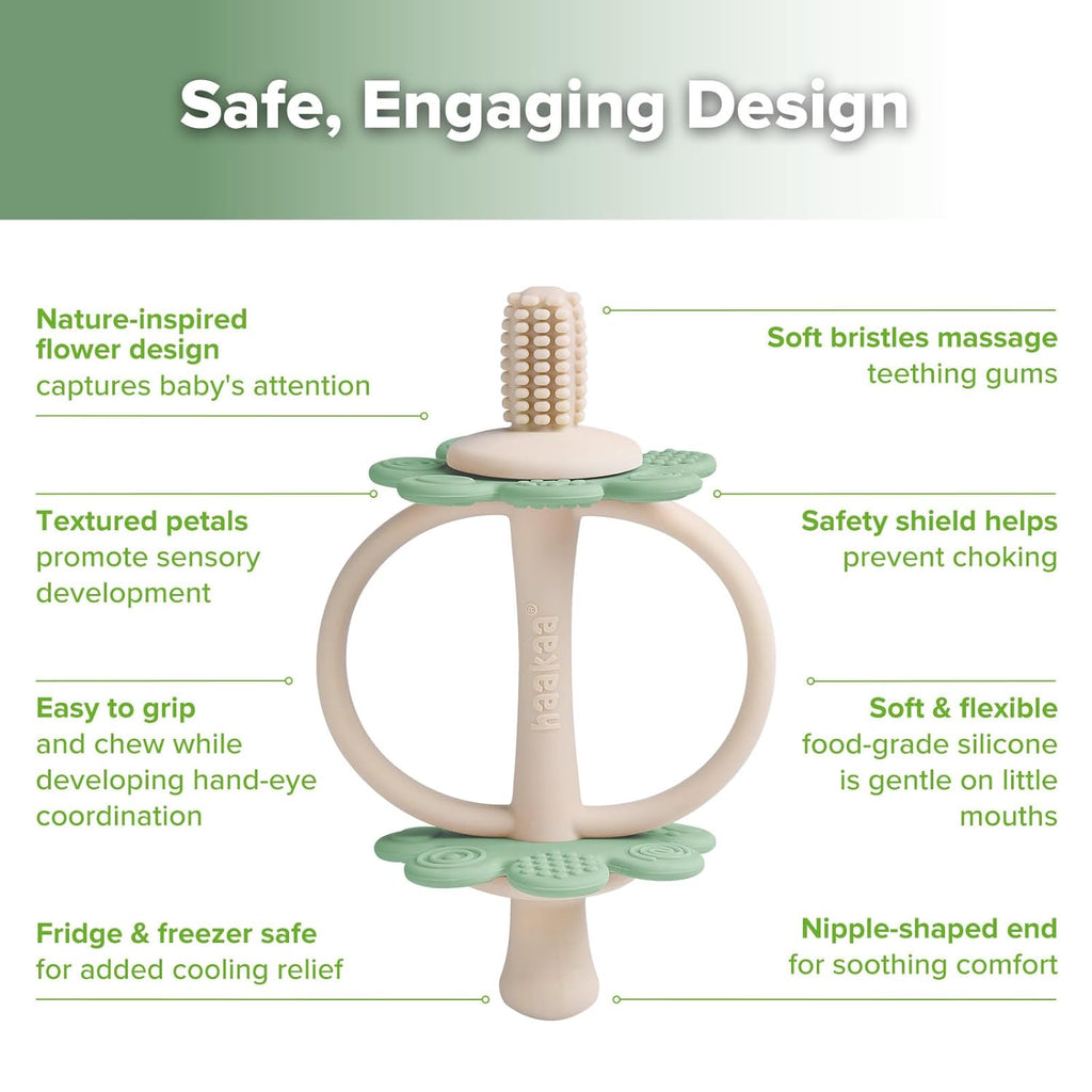 haakaa Silicone Baby Teething Toys,Nipple-Shaped End for Gum Massage,360° Baby Toothbrush Head for Self-Brushing Training,Easy to Grip-Pea Green