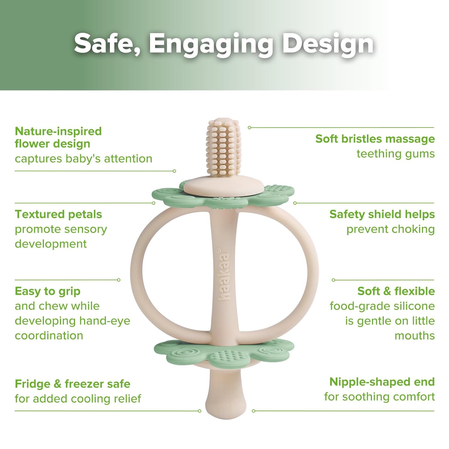 haakaa Silicone Baby Teething Toys,Nipple-Shaped End for Gum Massage,360° Baby Toothbrush Head for Self-Brushing Training,Easy to Grip-Pea Green