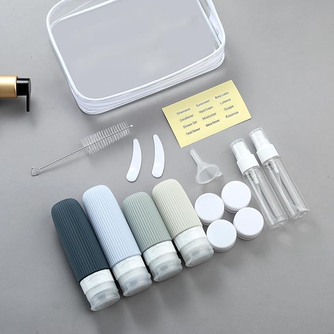 16 Pack Travel Bottles Set, TSA Approved Leak Proof Silicone Squeezable Containers for Toiletries, Refillable Travel Accessories for Conditioner, Shampoo, Lotion & Body Wash Accessories