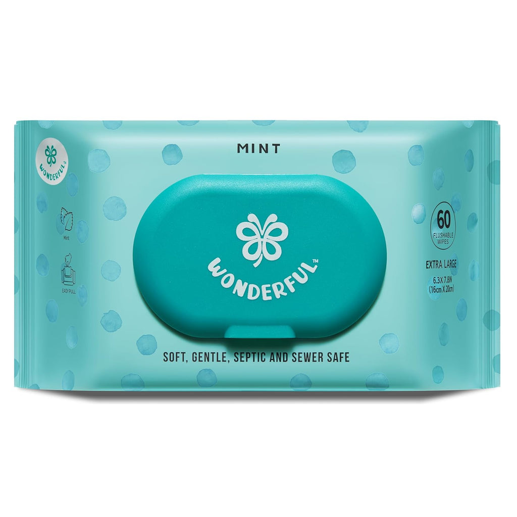WONDERFUL Flushable Butt Wipes, Mint 100% Plant-Based Wet Wipes for Adults & Kids, Sewer & Septic Safe, Gentle for Sensitive Skin, Wipes Flushable Pack for Bathroom & Travel, 1-Pack (60 Wipes)