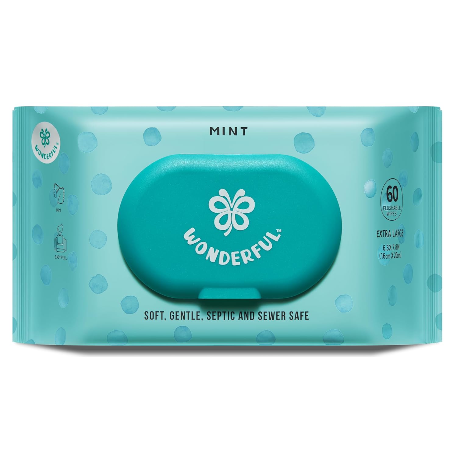 WONDERFUL Flushable Butt Wipes, Mint 100% Plant-Based Wet Wipes for Adults & Kids, Sewer & Septic Safe, Gentle for Sensitive Skin, Wipes Flushable Pack for Bathroom & Travel, 1-Pack (60 Wipes)
