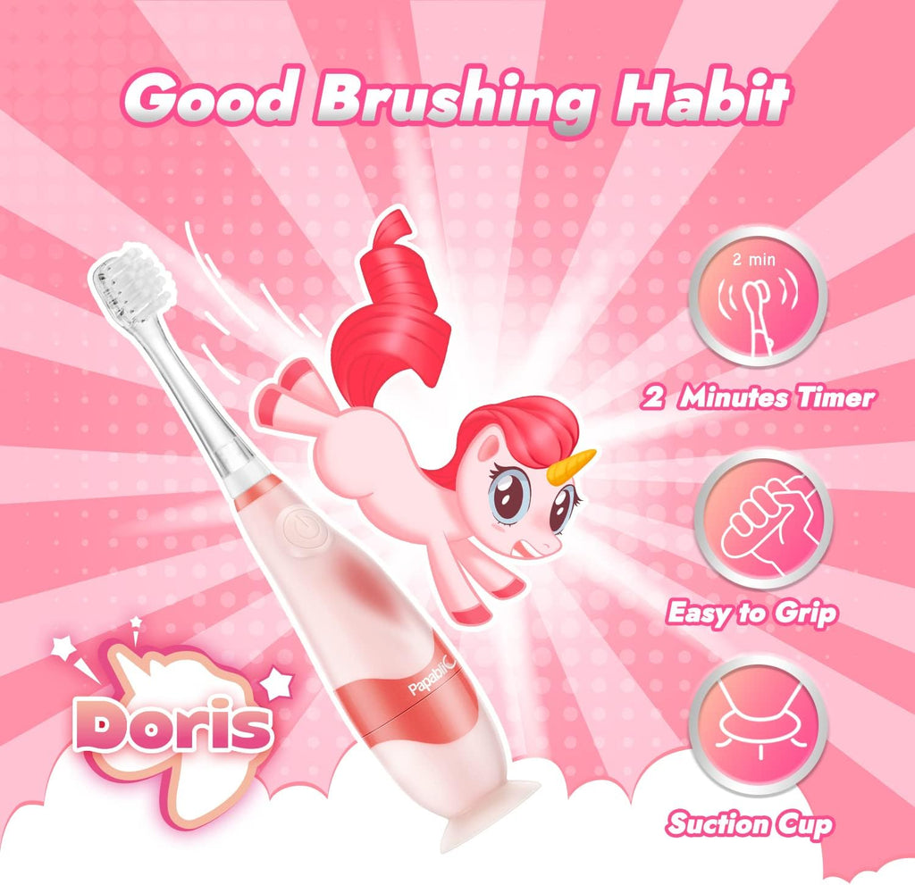Papablic Toddler Sonic Electric Toothbrush Kids for Ages 1-3 Years, Baby Electric Toothbrush with Cute Unicorn Cover and Smart LED Timer, 4 Brush Heads (Doris)