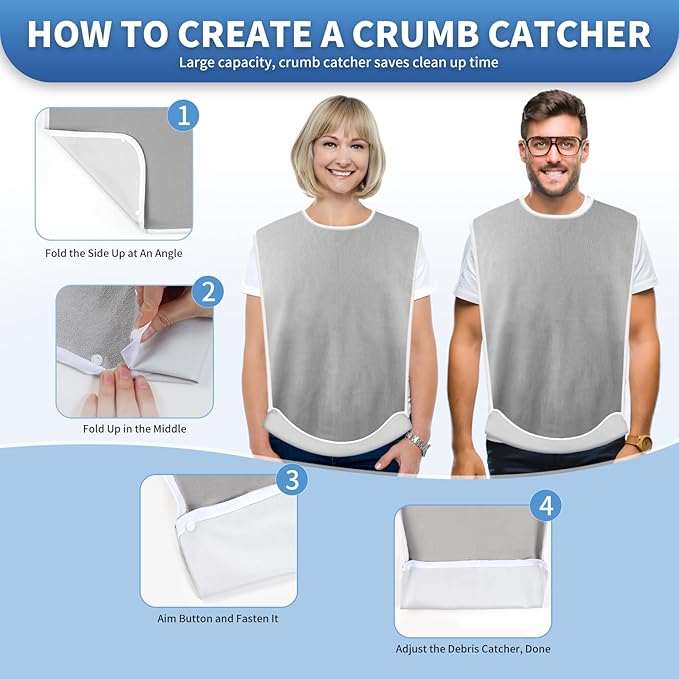 3 Pack Premium Unisex Adult Bibs for Elderly Women Men, Waterproof Bib for Eating, Adjustable and Washable (Grey)