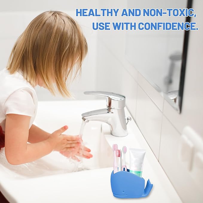 2PCS Kids Toothbrush Holder, Cute Whale Silicone Toothbrush Holder for Bathrooms, Blue and White, Toothbrush and Toothpaste Storage Box, Fun Kids Ocean Bathroom Decor Animal Toothbrush Holde