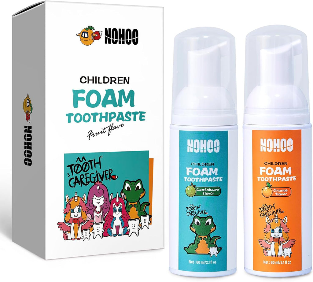 NOHOO Kids Foam Toothpaste with Fruit Flavor,Fluoride Free Natural Formul, Foam Toothpaste for Electric Toothbrush,Suitable for Toddler's Oral Cleaning and Cavity Prevention(Orange+Cantaloupe)