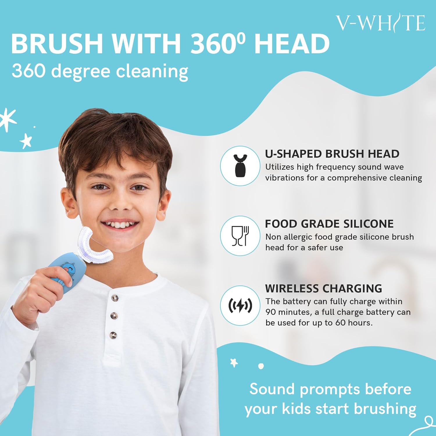 V-WHITE Electric Toothbrush Kids- Ultrasonic U-Shaped Toothbrushes for Teeth Whitening - 360° Mouth Cleansing, Hands Free Gums Protection - Wireless Charging & LED Light - Waterproof IPX7 Certified