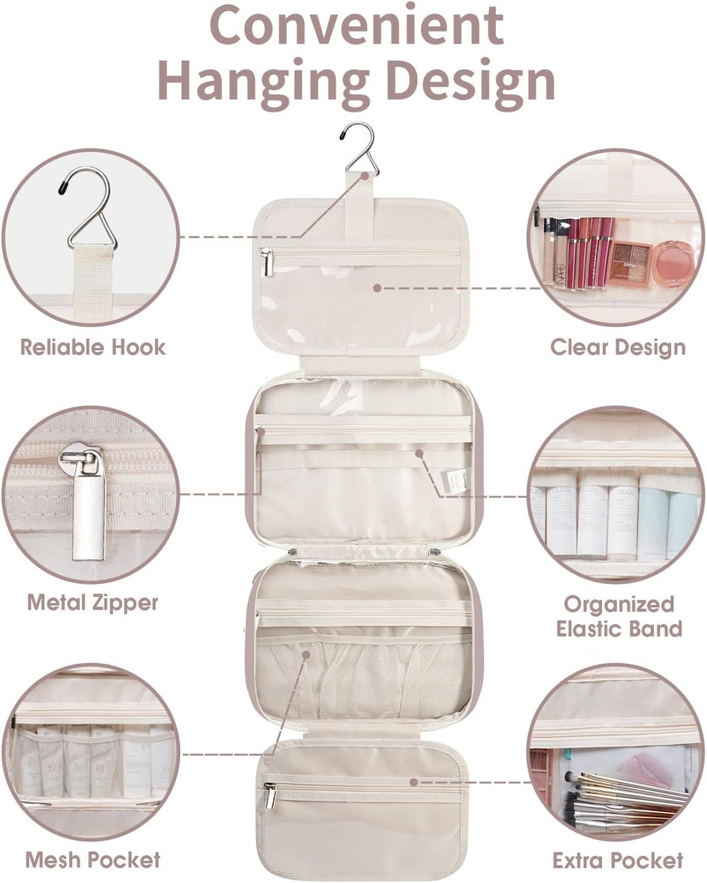 Narwey Travel Toiletry Bag for Women Large Hanging Makeup Bag Organizer Toiletries Bag for Full Size Essentials Accessories Cosmetics (Dusty Rose (Large))