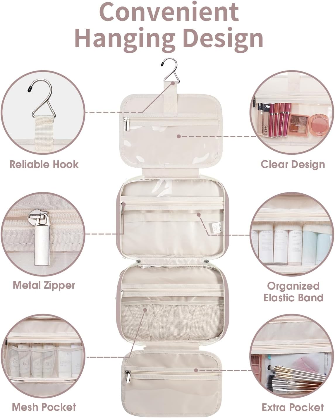 Narwey Travel Toiletry Bag for Women Large Hanging Makeup Bag Organizer Toiletries Bag for Full Size Essentials Accessories Cosmetics (Dusty Rose (Large))