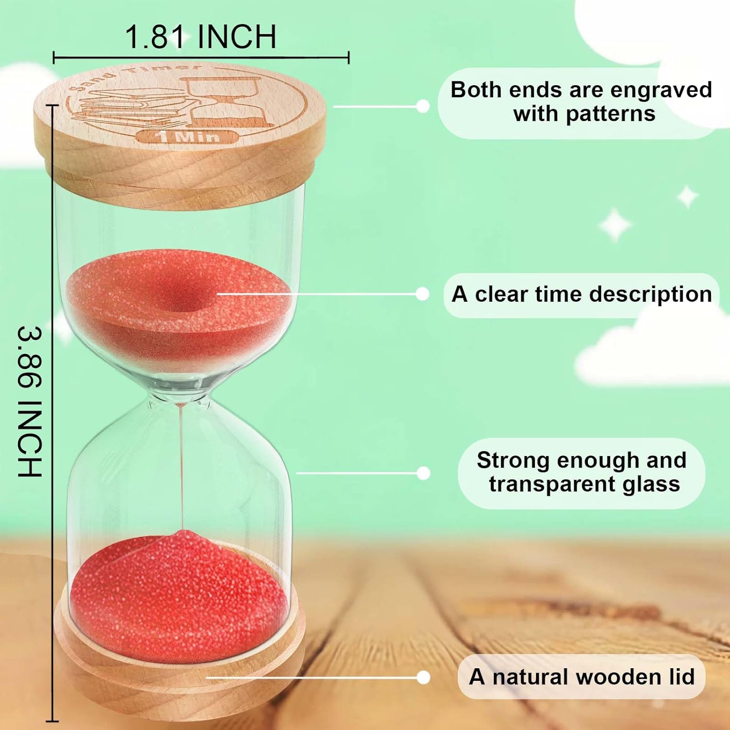 1 Minute Sand Timer, Wooden Hourglass Sand Clock, Small Beech Wood Red 1 Min Hour Glass, One Minutes Sandglass for Brushing Teeth, Reloj De Arena, Classroom, Game, Kitchen, Home, Office