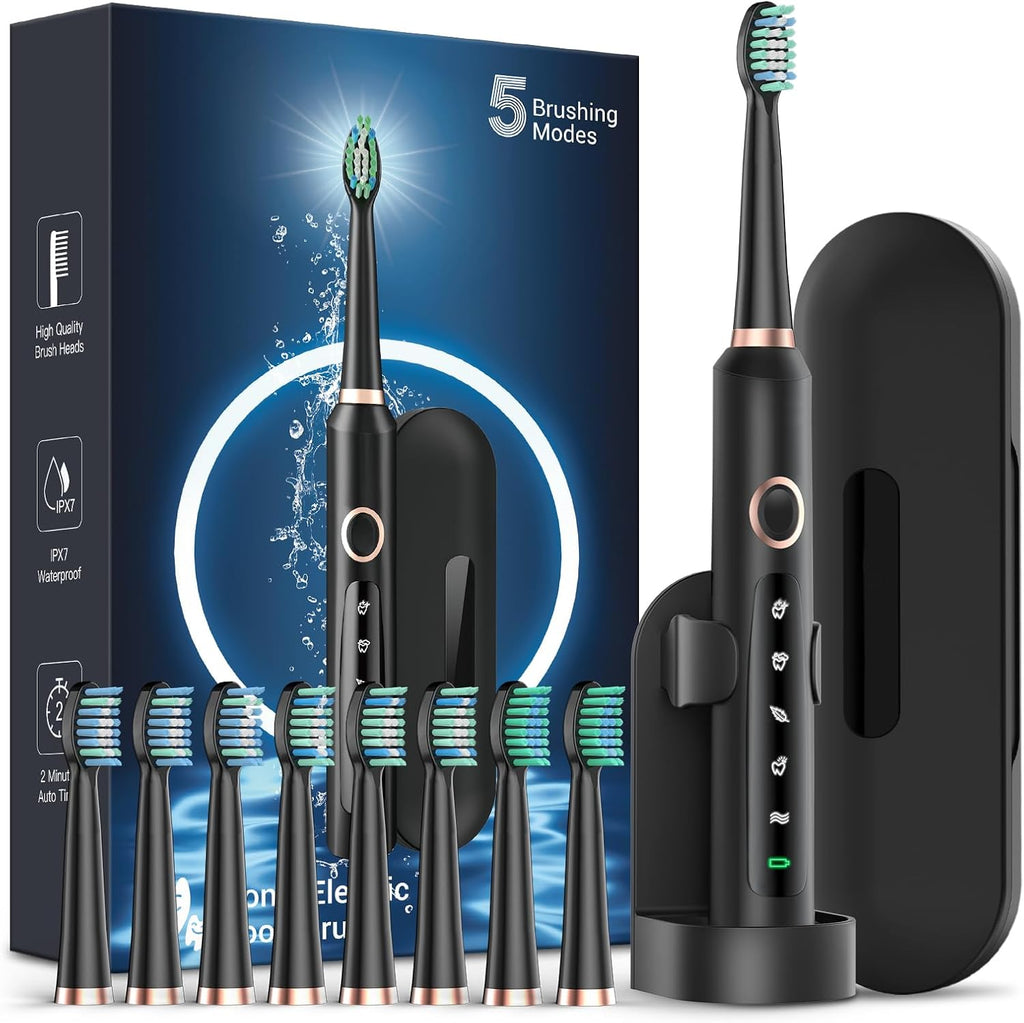 Rtauys Electric Toothbrush for Adults, 8 Brush Heads & Travel Case,5 Modes with 2 Minutes Built in Smart Timer, One Charge for 120 Days, 41000 VPM Motor (Black)