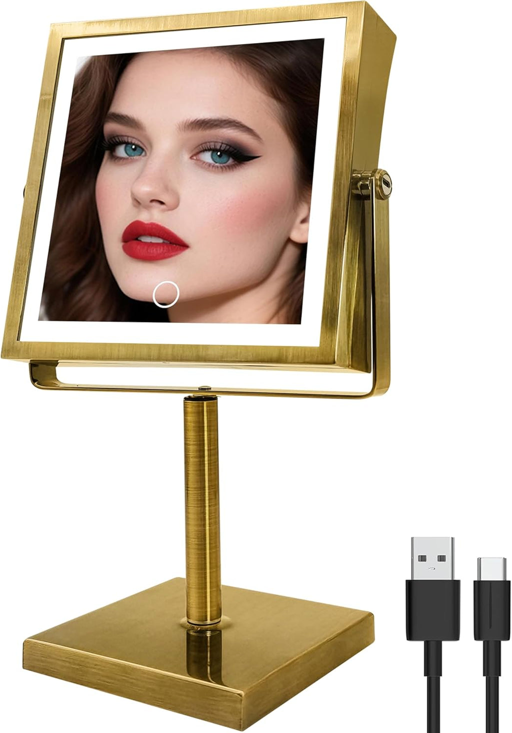 RUACQ Rechargeable Makeup Mirror, 4000mAh Lighted Makeup Mirror with Magnification 1X/10X, Height Adjustable vanity mirror with lights, 3 Color light, Adjustable Brightness,360°Rotation(Antique Brass)